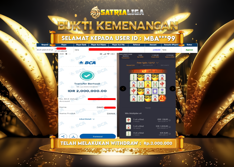 BUKTI KEMENANGAN MEMBER SATRIALIGA Rp. 2.000.000