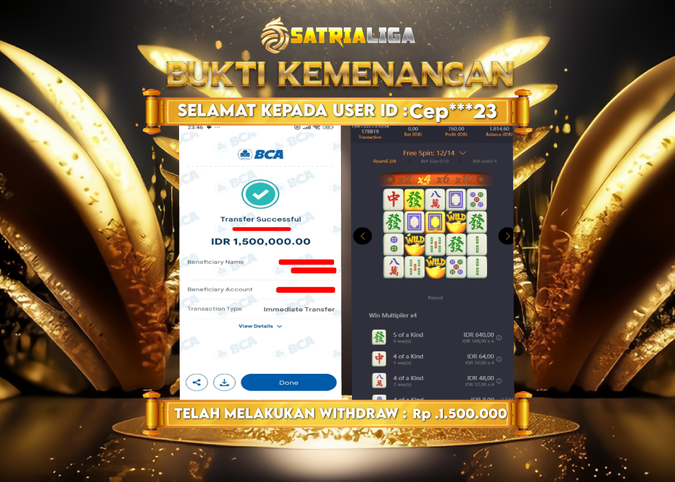 BUKTI KEMENANGAN MEMBER SATRIALIGA Rp. 1.500.000