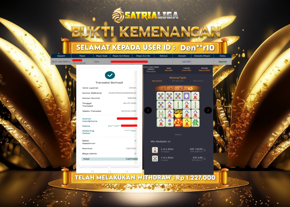 BUKTI KEMENANGAN MEMBER SATRIALIGA Rp. 1.227.000