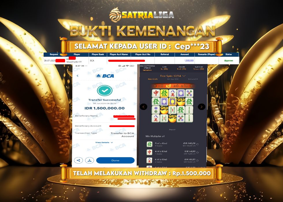 BUKTI KEMENANGAN MEMBER SATRIALIGA Rp. 1.500.000