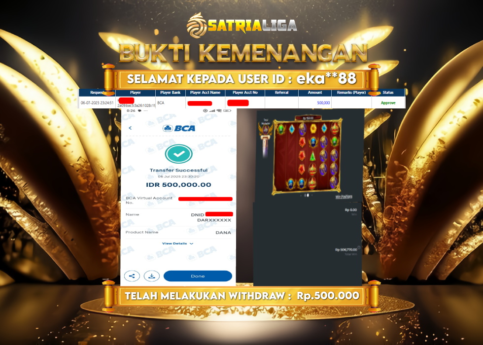 BUKTI KEMENANGAN MEMBER SATRIALIGA Rp. 500.000