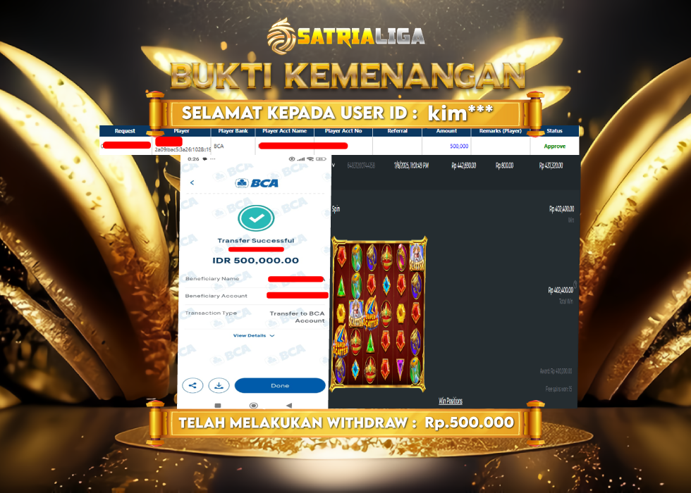 BUKTI KEMENANGAN MEMBER SATRIALIGA Rp. 500.000