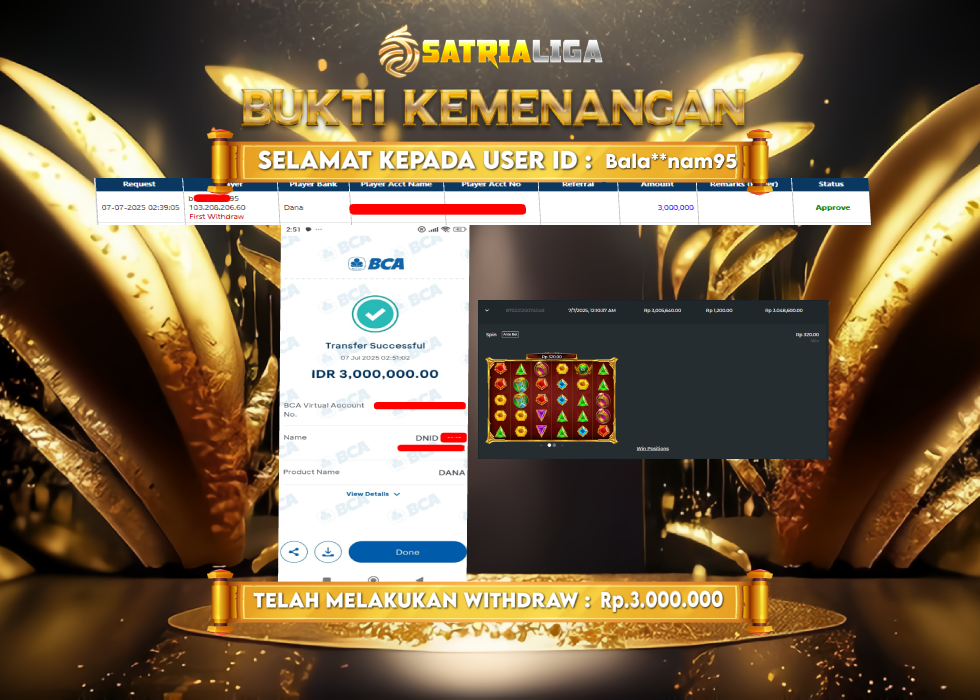 BUKTI KEMENANGAN MEMBER SATRIALIGA Rp. 3.000.000
