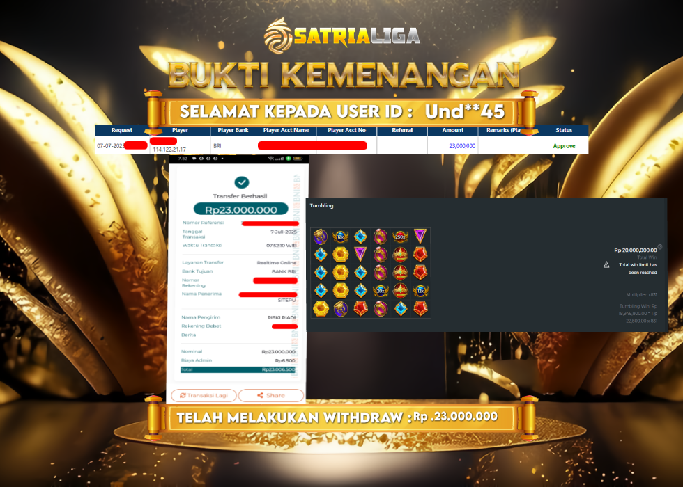 BUKTI KEMENANGAN MEMBER SATRIALIGA Rp. 23.000.000