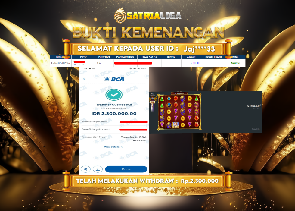 BUKTI KEMENANGAN MEMBER SATRIALIGA Rp. 2.300.000