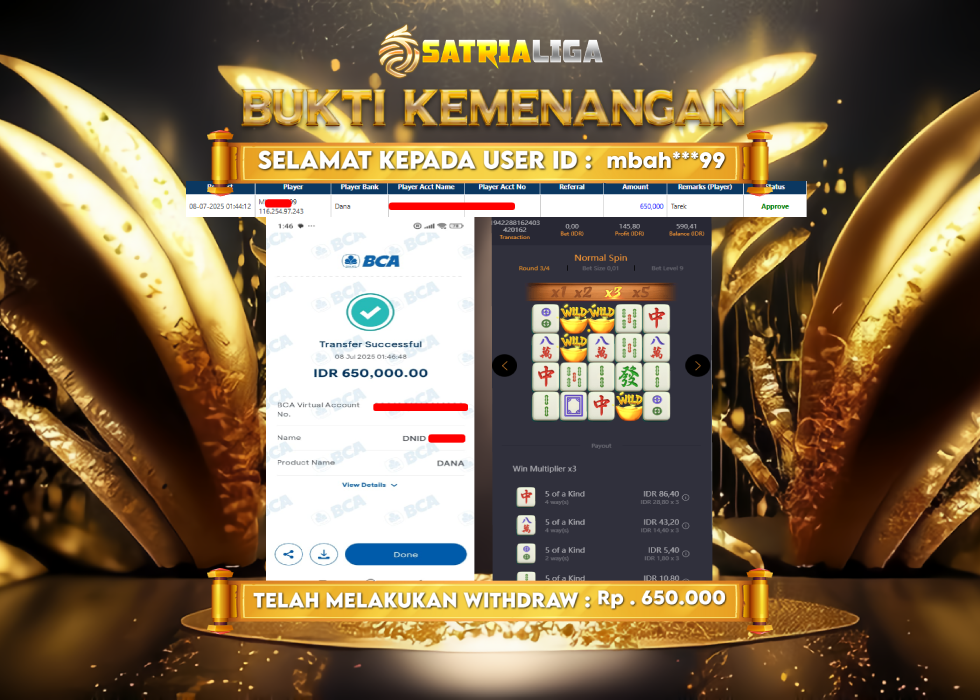 BUKTI KEMENANGAN MEMBER SATRIALIGA Rp. 650.000
