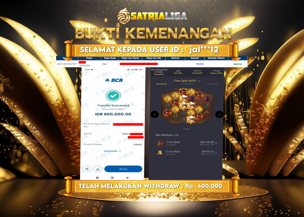 BUKTI KEMENANGAN MEMBER SATRIALIGA Rp. 600.000
