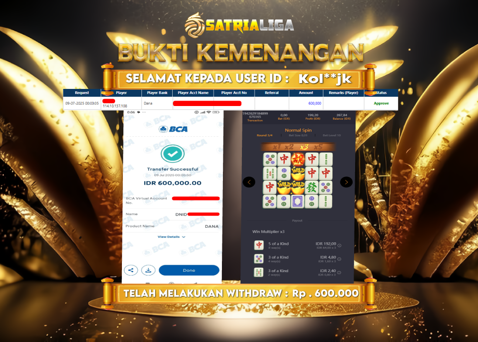BUKTI KEMENANGAN MEMBER SATRIALIGA Rp. 600.000