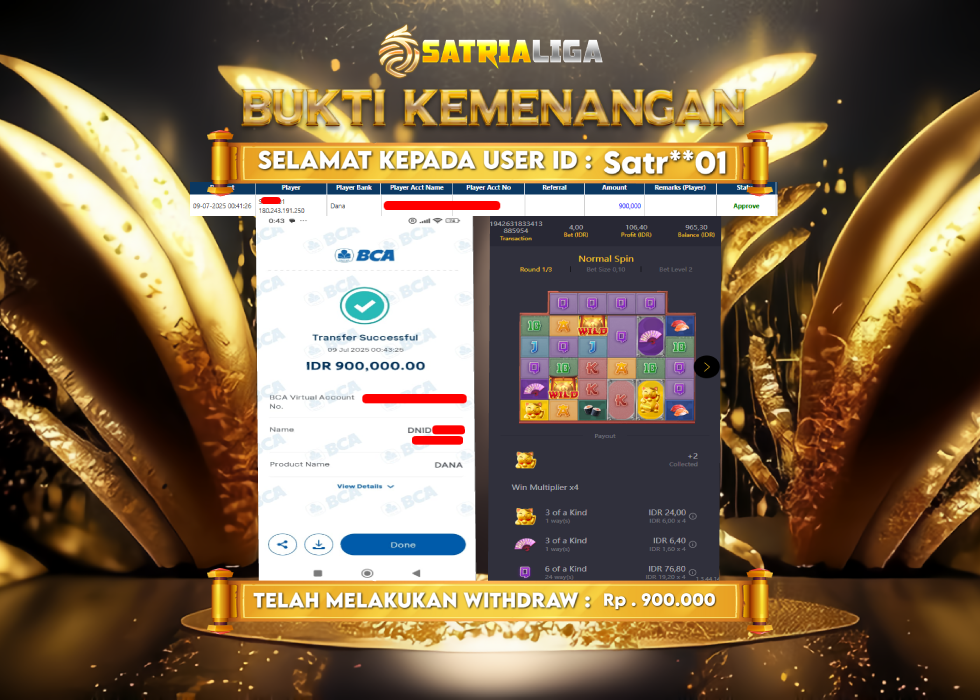 BUKTI KEMENANGAN MEMBER SATRIALIGA Rp. 900.000