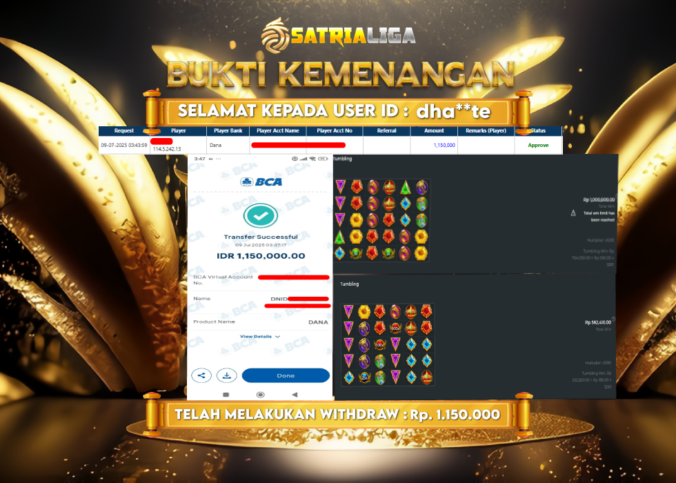 BUKTI KEMENANGAN MEMBER SATRIALIGA Rp. 1.150.000