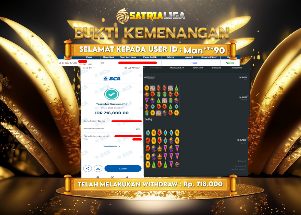 BUKTI KEMENANGAN MEMBER SATRIALIGA Rp. 718.000