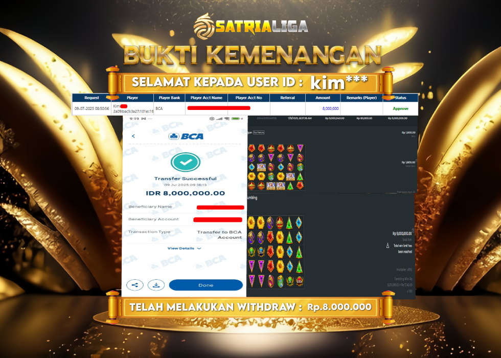 BUKTI KEMENANGAN MEMBER SATRIALIGA Rp. 8.000.000