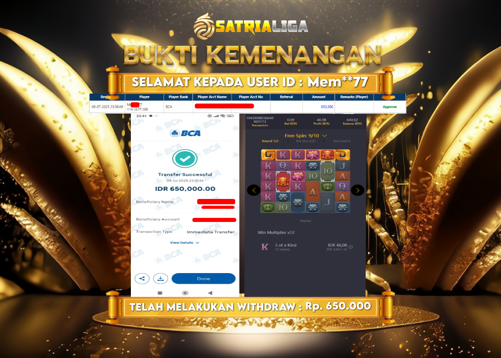 BUKTI KEMENANGAN MEMBER SATRIALIGA Rp. 650.000