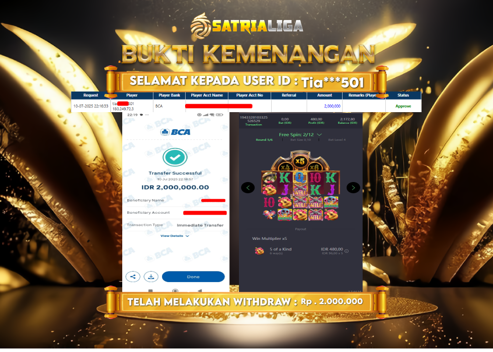 BUKTI KEMENANGAN MEMBER SATRIALIGA Rp. 2.000.000