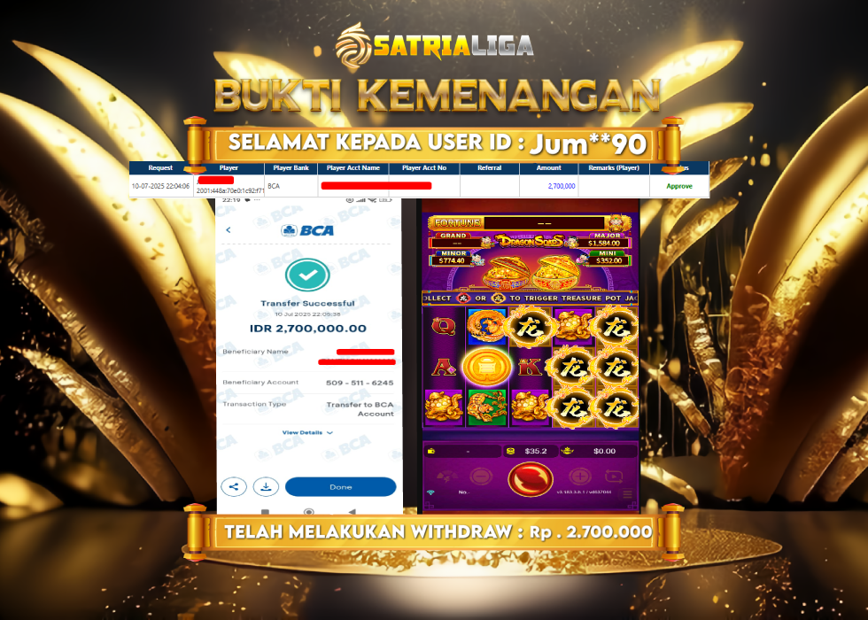 BUKTI KEMENANGAN MEMBER SATRIALIGA Rp. 2.700.000