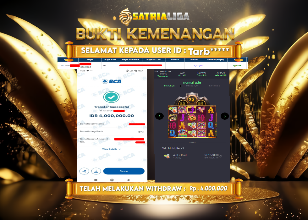 BUKTI KEMENANGAN MEMBER SATRIALIGA Rp. 4.000.000