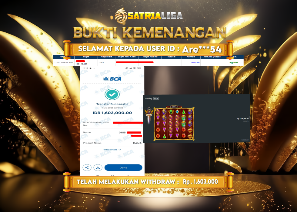 BUKTI KEMENANGAN MEMBER SATRIALIGA Rp. 1.603.000