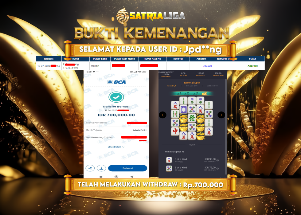 BUKTI KEMENANGAN MEMBER SATRIALIGA Rp.700.000