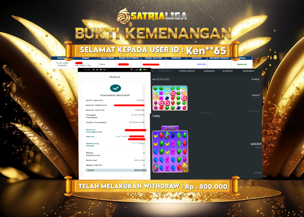 BUKTI KEMENANGAN MEMBER SATRIALIGA Rp.800.000