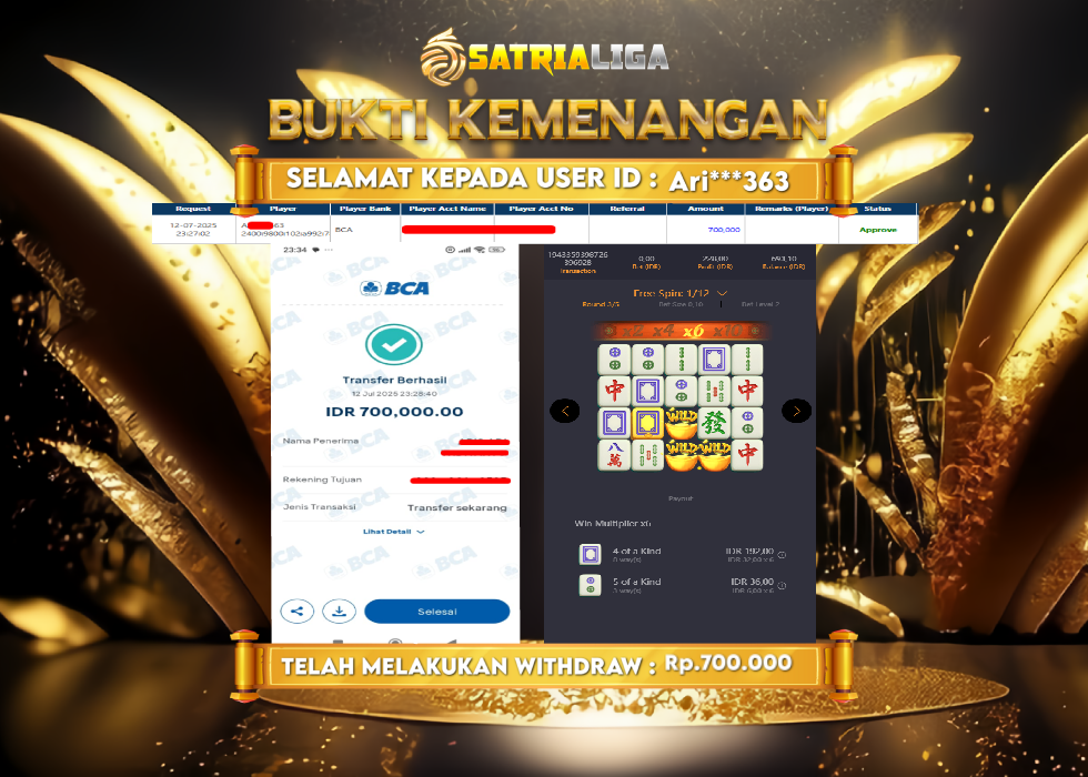 BUKTI KEMENANGAN MEMBER SATRIALIGA Rp.700.000