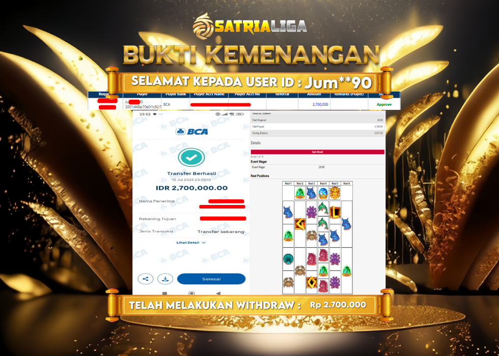BUKTI KEMENANGAN MEMBER SATRIALIGA Rp.2.700.000