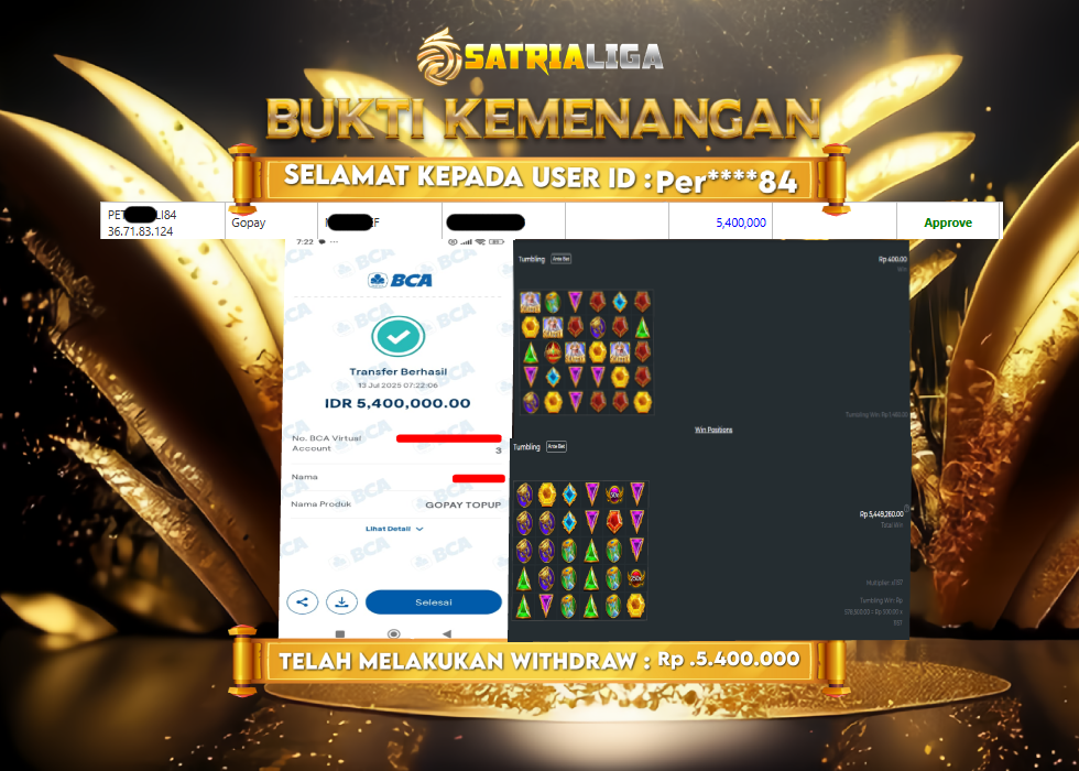 BUKTI KEMENANGAN MEMBER SATRIALIGA Rp. 5.400.000