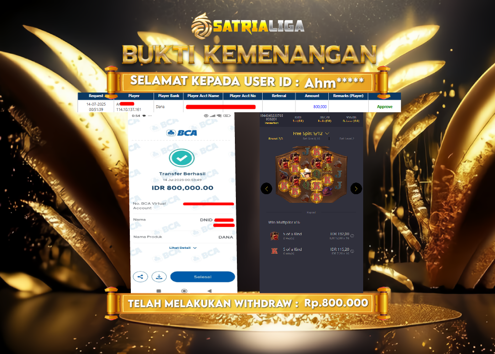 BUKTI KEMENANGAN MEMBER SATRIALIGA Rp 800.000