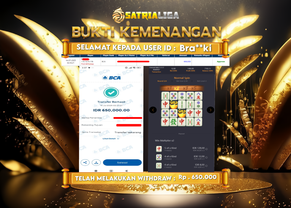 BUKTI KEMENANGAN MEMBER SATRIALIGA Rp. 650.000