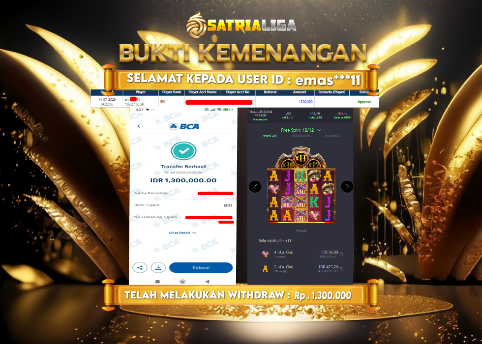BUKTI KEMENANGAN MEMBER SATRIALIGA Rp 1.300.000