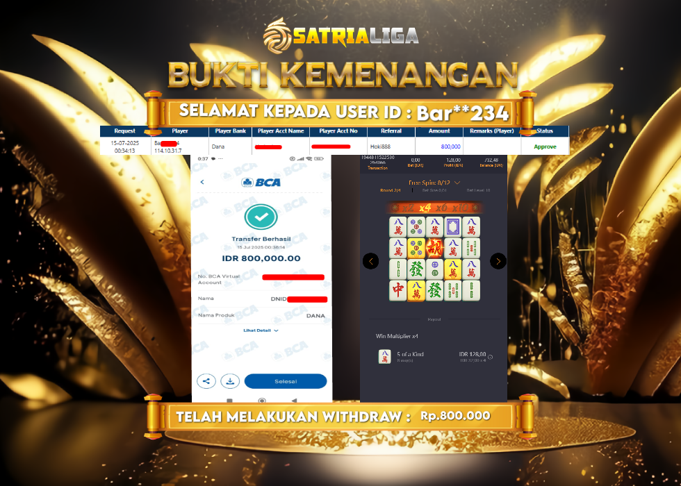 BUKTI KEMENANGAN MEMBER SATRIALIGA Rp 800.000