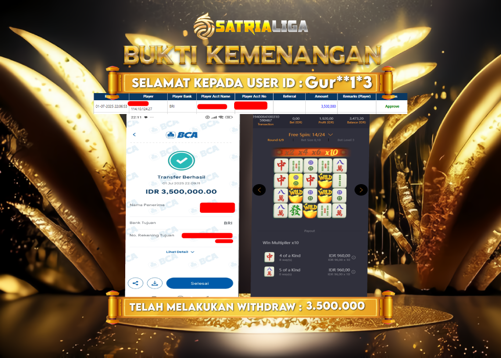 BUKTI KEMENANGAN MEMBER SATRIALIGA Rp. 3.500.000