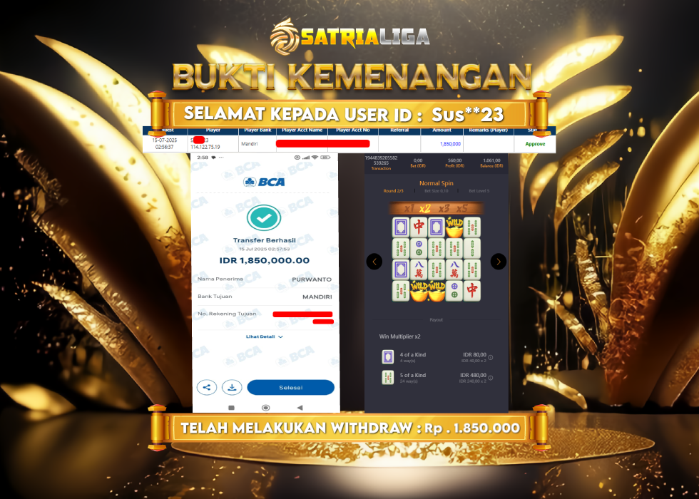 BUKTI KEMENANGAN MEMBER SATRIALIGA Rp 1.850.000