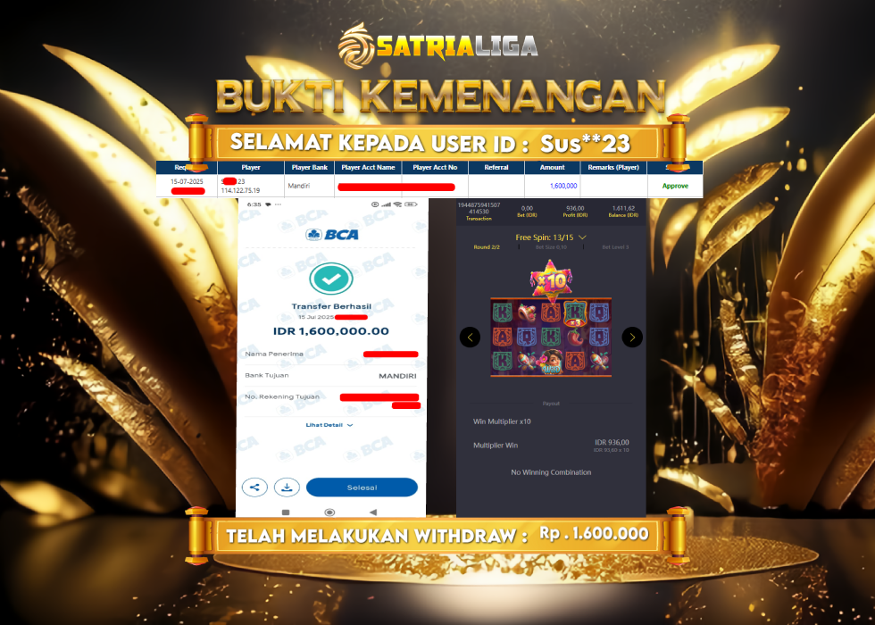 BUKTI KEMENANGAN MEMBER SATRIALIGA Rp 1.600.000