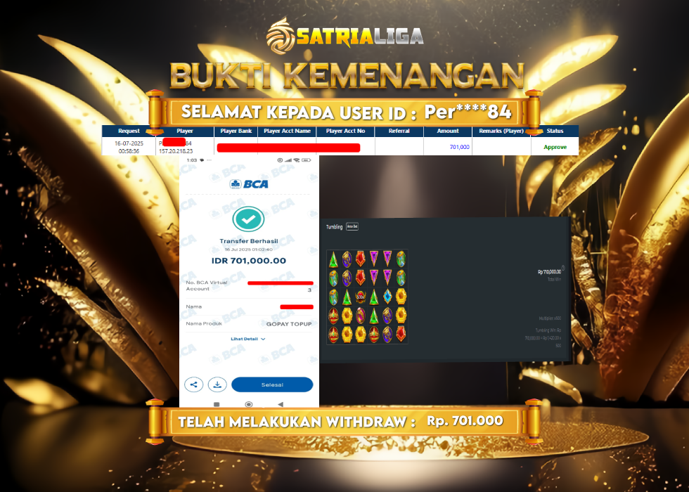 BUKTI KEMENANGAN MEMBER SATRIALIGA Rp 701.000