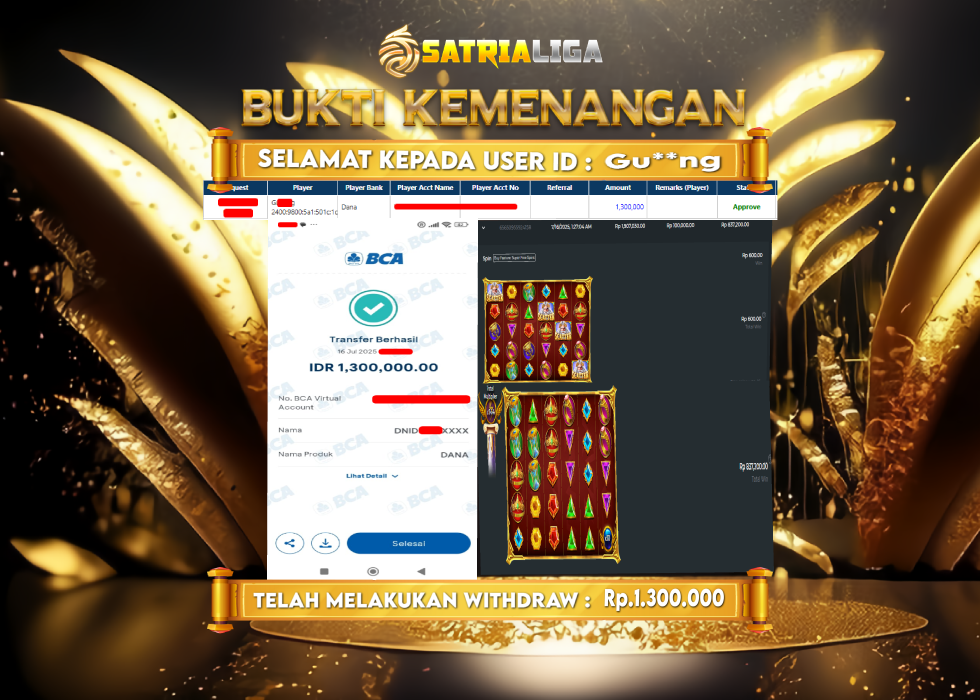 BUKTI KEMENANGAN MEMBER SATRIALIGA Rp. 1.300.000