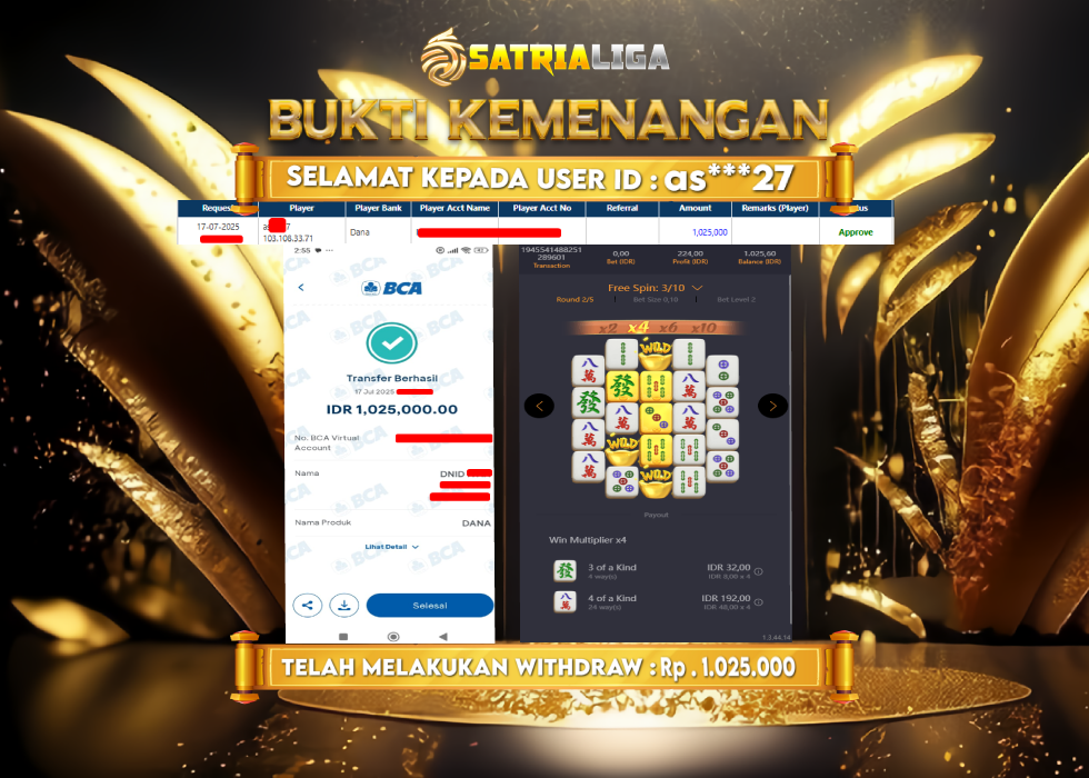 BUKTI KEMENANGAN MEMBER SATRIALIGA Rp. 1.025.000