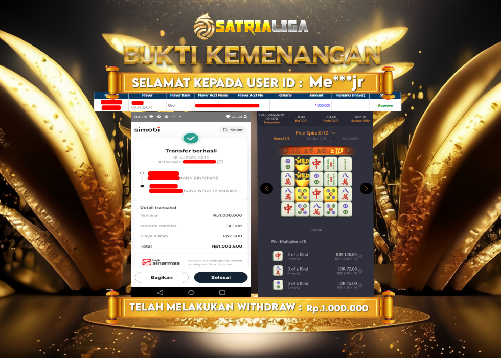 BUKTI KEMENANGAN MEMBER SATRIALIGA Rp. 1.000.000