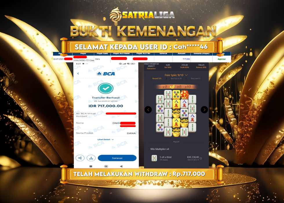 BUKTI KEMENANGAN MEMBER SATRIALIGA Rp. 717.000