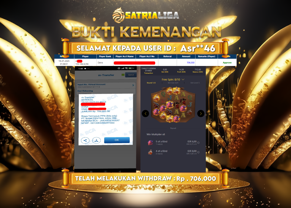 BUKTI KEMENANGAN MEMBER SATRIALIGA Rp .706.000
