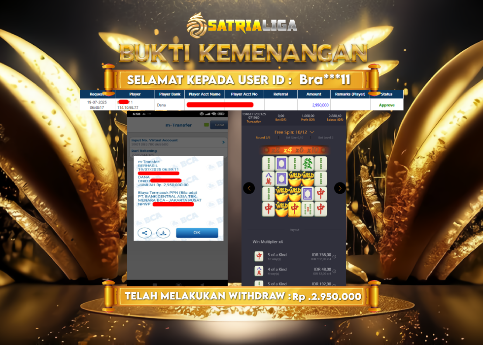 BUKTI KEMENANGAN MEMBER SATRIALIGA Rp 2.950.000