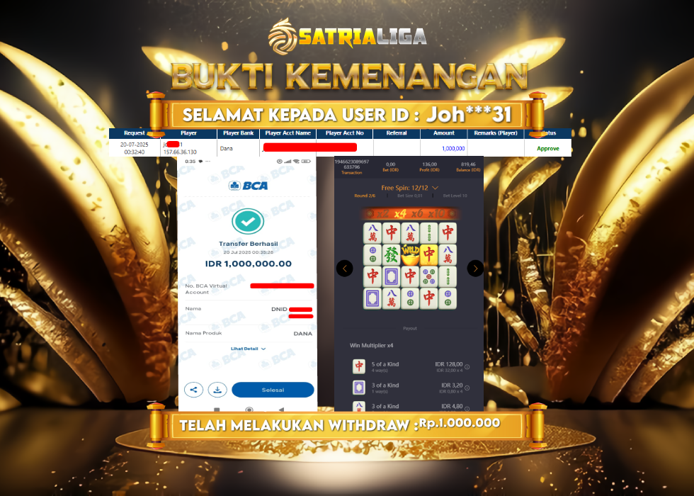 BUKTI KEMENANGAN MEMBER SATRIALIGA Rp 1.000.000