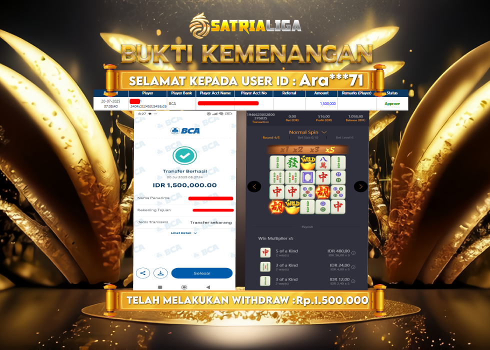 BUKTI KEMENANGAN MEMBER SATRIALIGA Rp 1.500.000