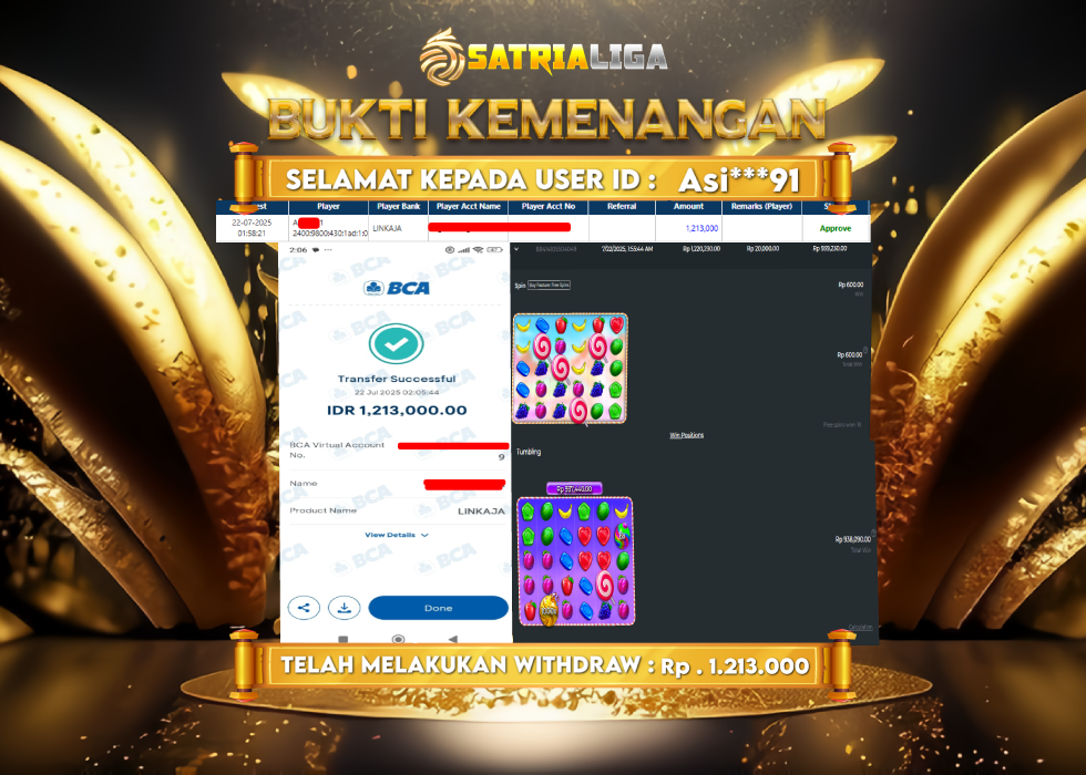 BUKTI KEMENANGAN MEMBER SATRIALIGA Rp 1.213.000
