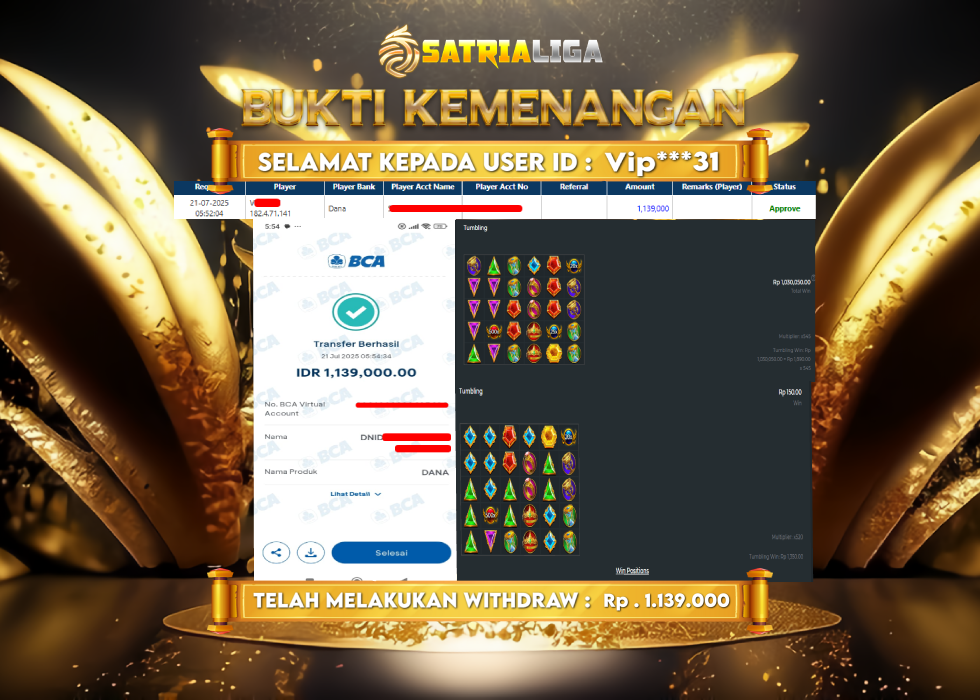 BUKTI KEMENANGAN MEMBER SATRIALIGA Rp. 1.139.000