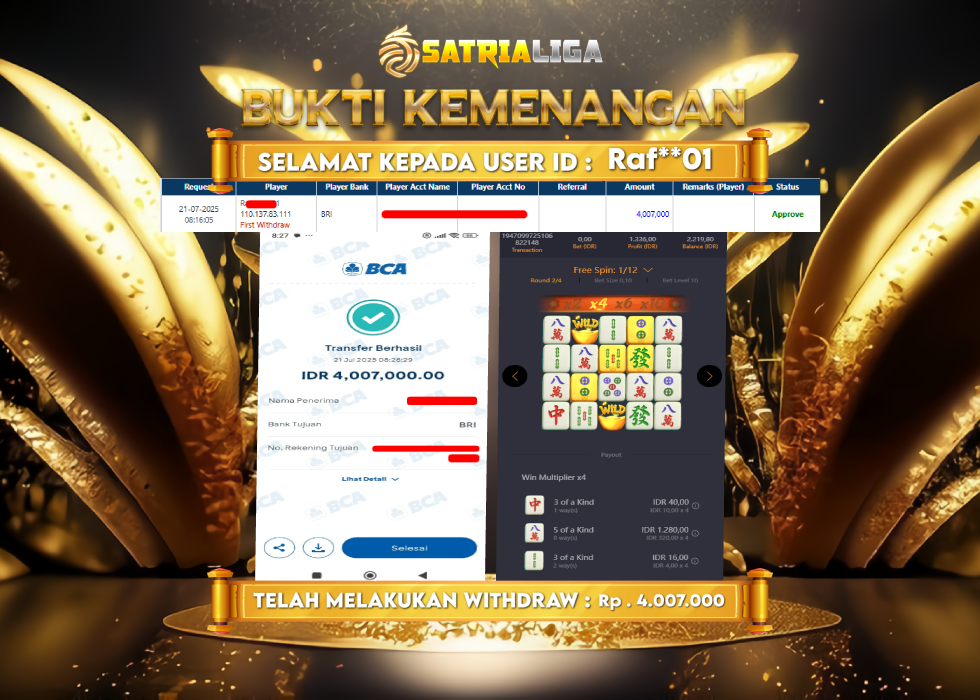 BUKTI KEMENANGAN MEMBER SATRIALIGA Rp 4.007.000