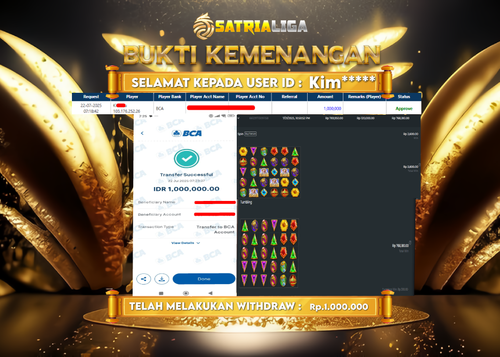 BUKTI KEMENANGAN MEMBER SATRIALIGA Rp. 1.000.000