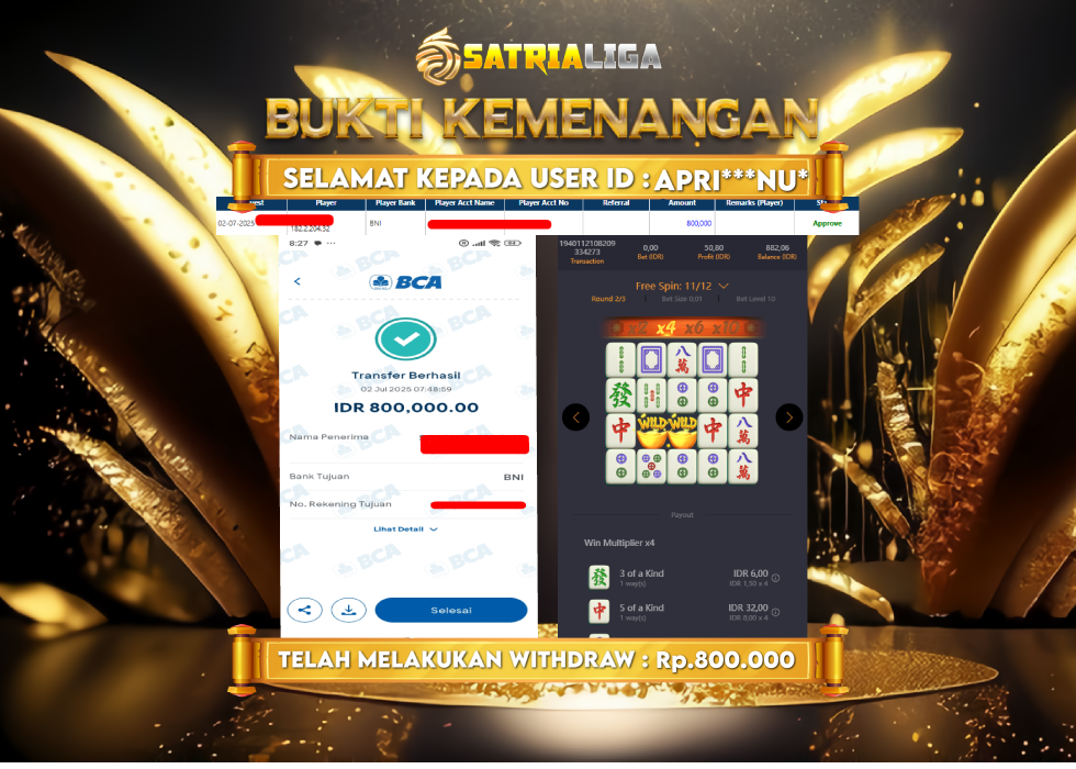 BUKTI KEMENANGAN MEMBER SATRIALIGA Rp. 800.000