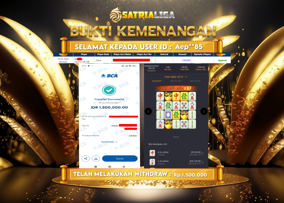 BUKTI KEMENANGAN MEMBER SATRIALIGA Rp. 1.500.000