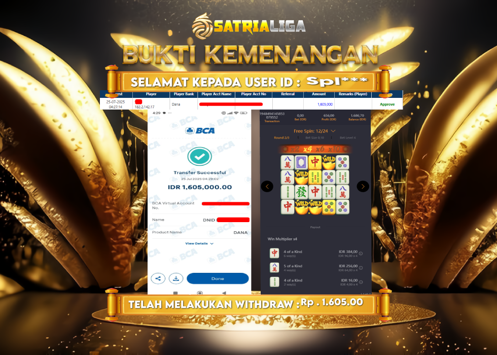 BUKTI KEMENANGAN MEMBER SATRIALIGA Rp. 1.605.000