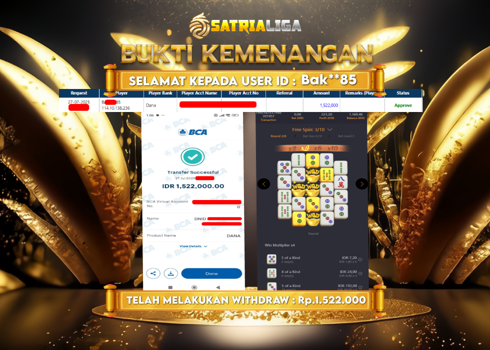 BUKTI KEMENANGAN MEMBER SATRIALIGA Rp. 1.522.000